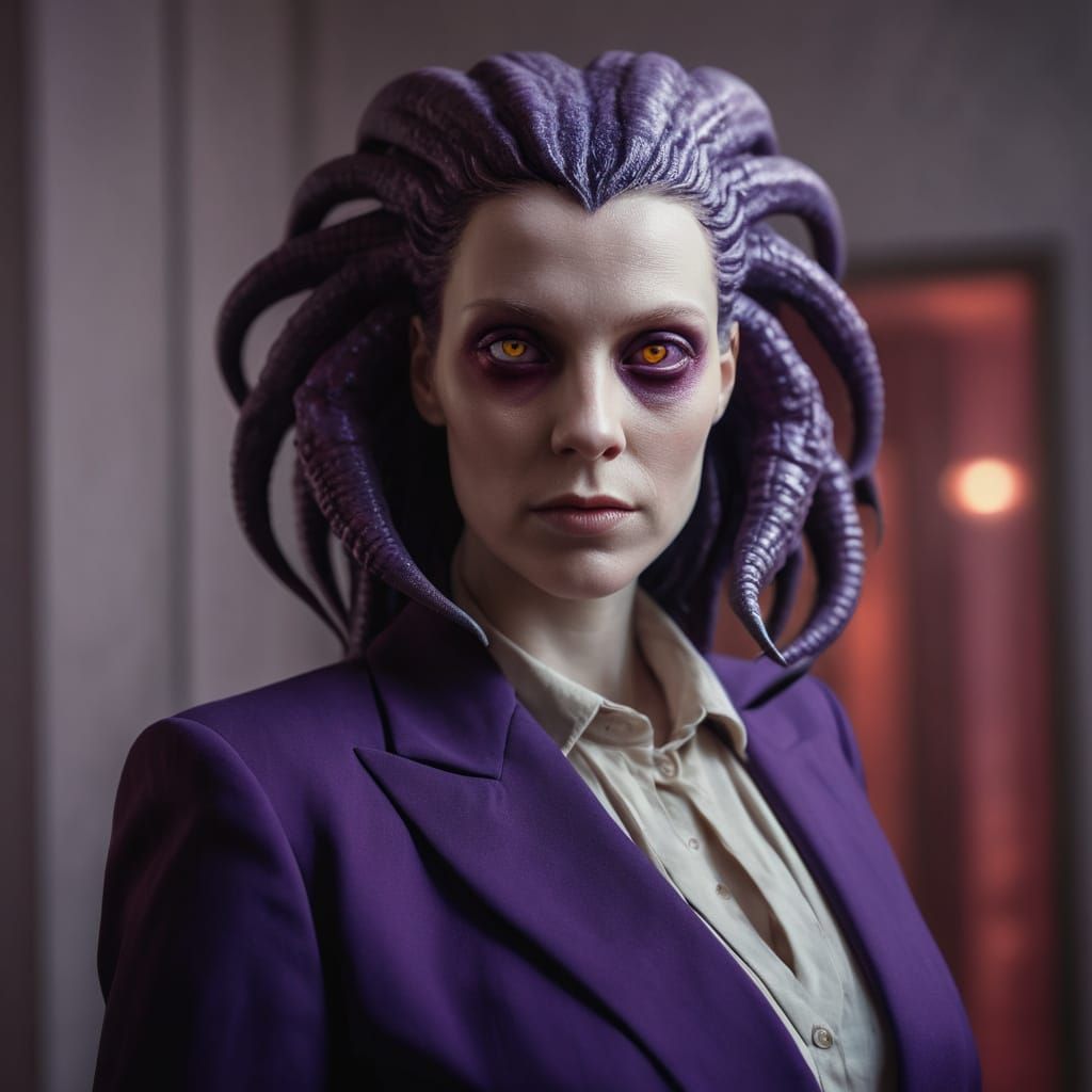 Hyper-Realistic Portrait of Pregnant Nyarlathotep in Purple