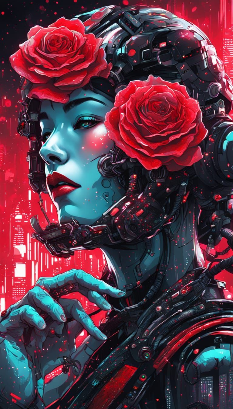 Cyborg Smelling a Rose in Cyberpunk Style