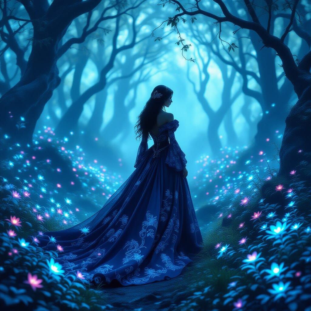Baroque Woman in Bioluminescent Forest