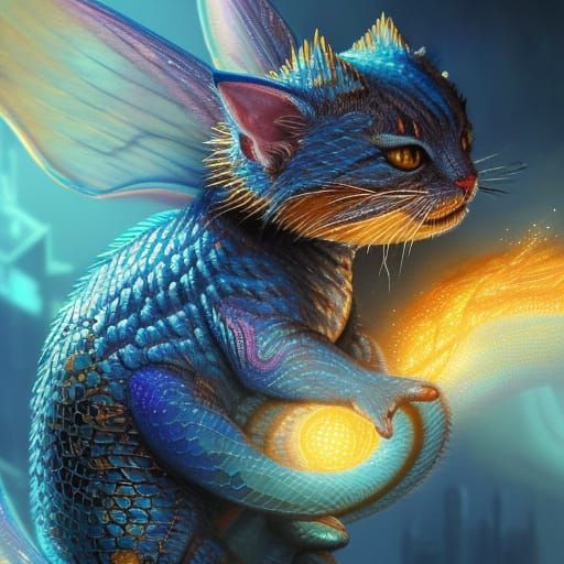 Iridescent Blue Dragon Kitten: Fantasy Concept Art