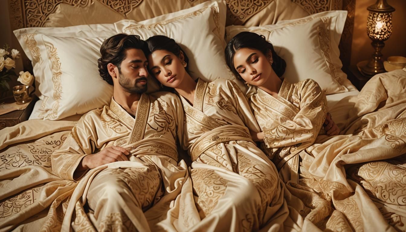 Romantic Couple Embrace in Luxurious Bedding