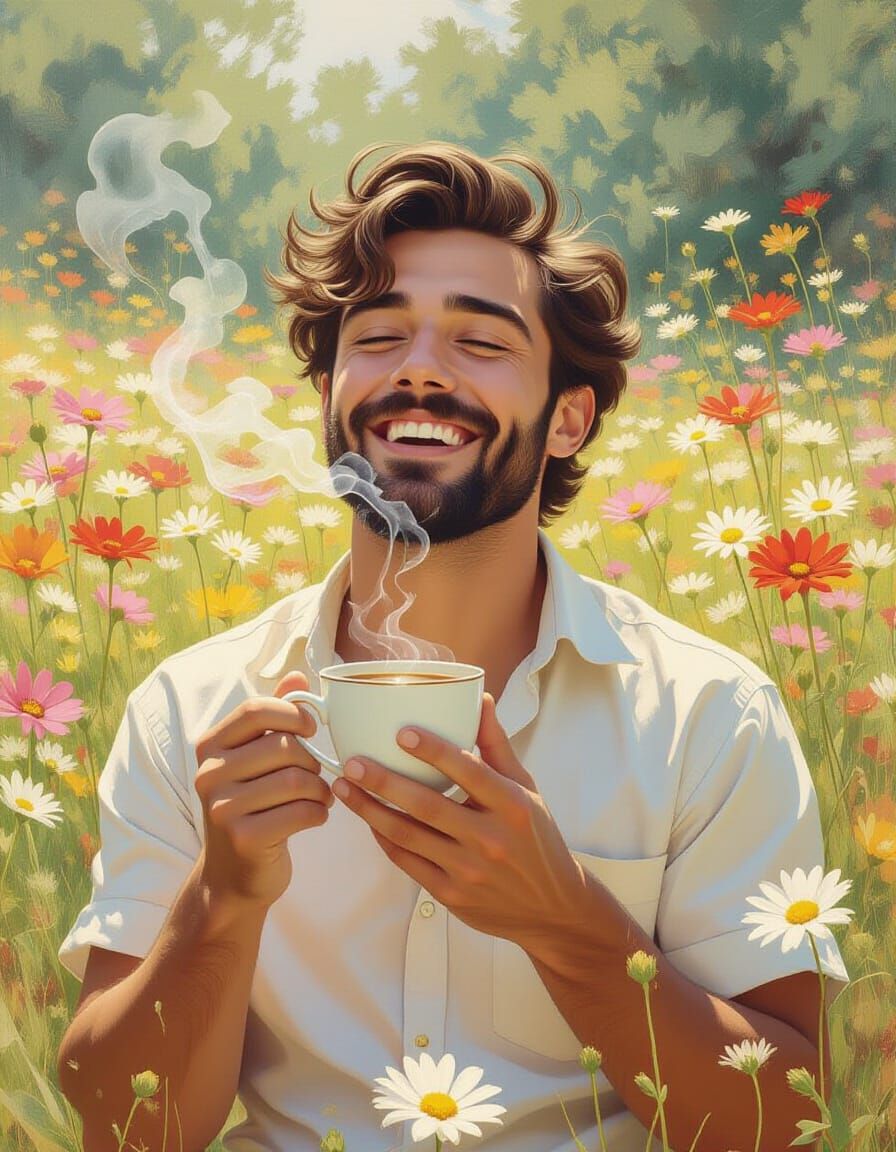 Smiling Man with Coffee, Surreal Fine Art