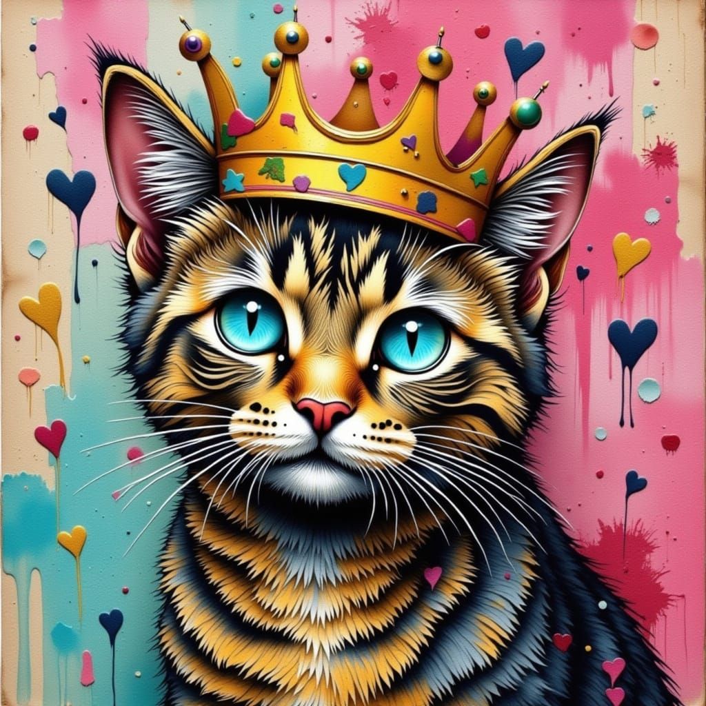 Tabby Cat King in Mixed Media with Aqua Eyes
