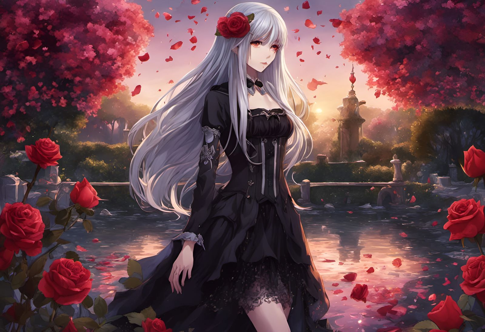 Anime Girl in Rose Garden at Night