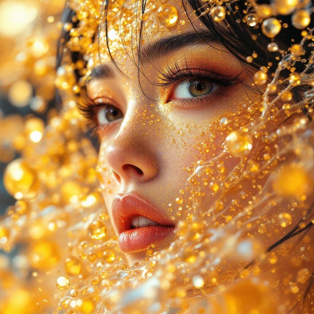Dramatic Liquid Gold Anime Girl in Soft Painting Style