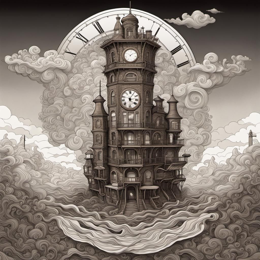 Surreal Old West Scene with Airship and Clock Tower