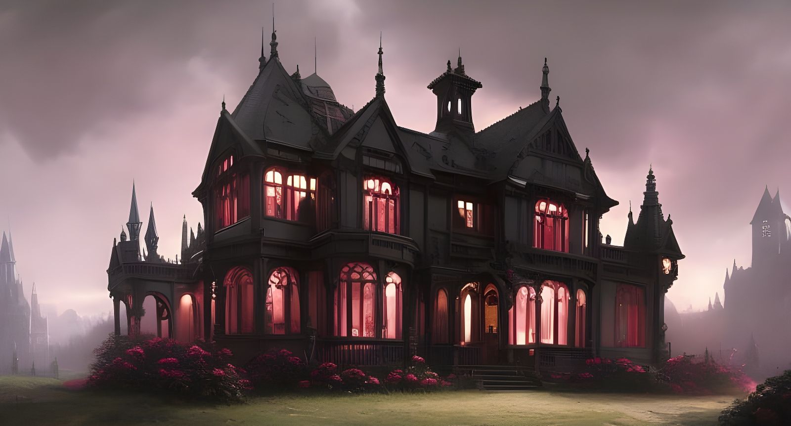 Dark Gothic Mansion with Pink Roses, Detailed Matte Painting