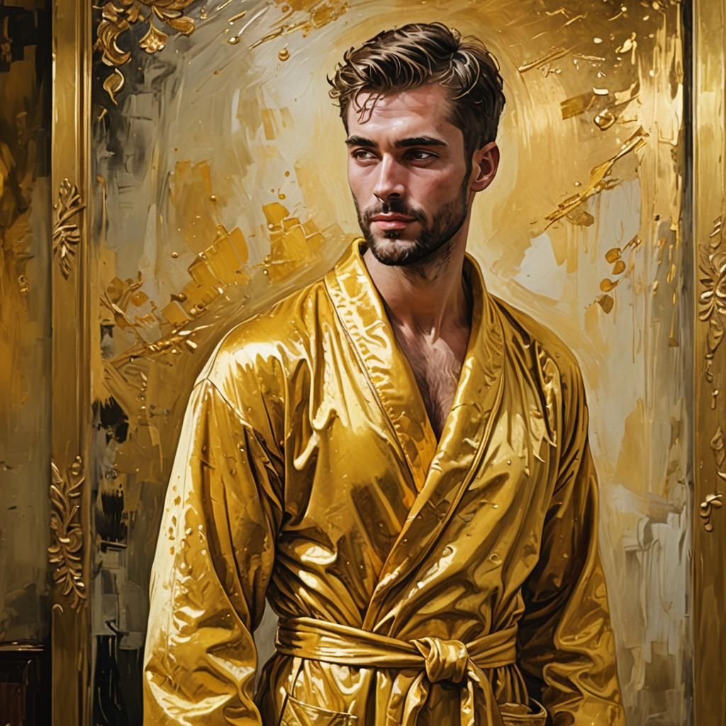 German Male in Gold Bathrobe, Impressionist Oil Painting