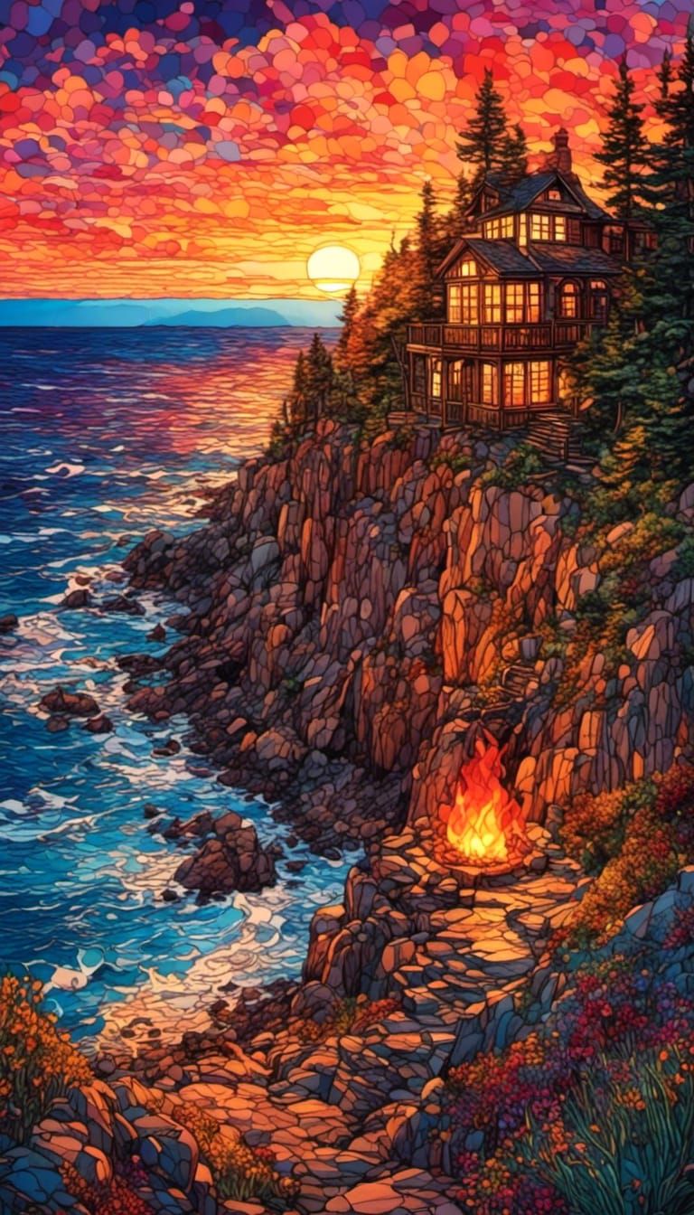 Stained Glass Sunset Over Ocean Campfire