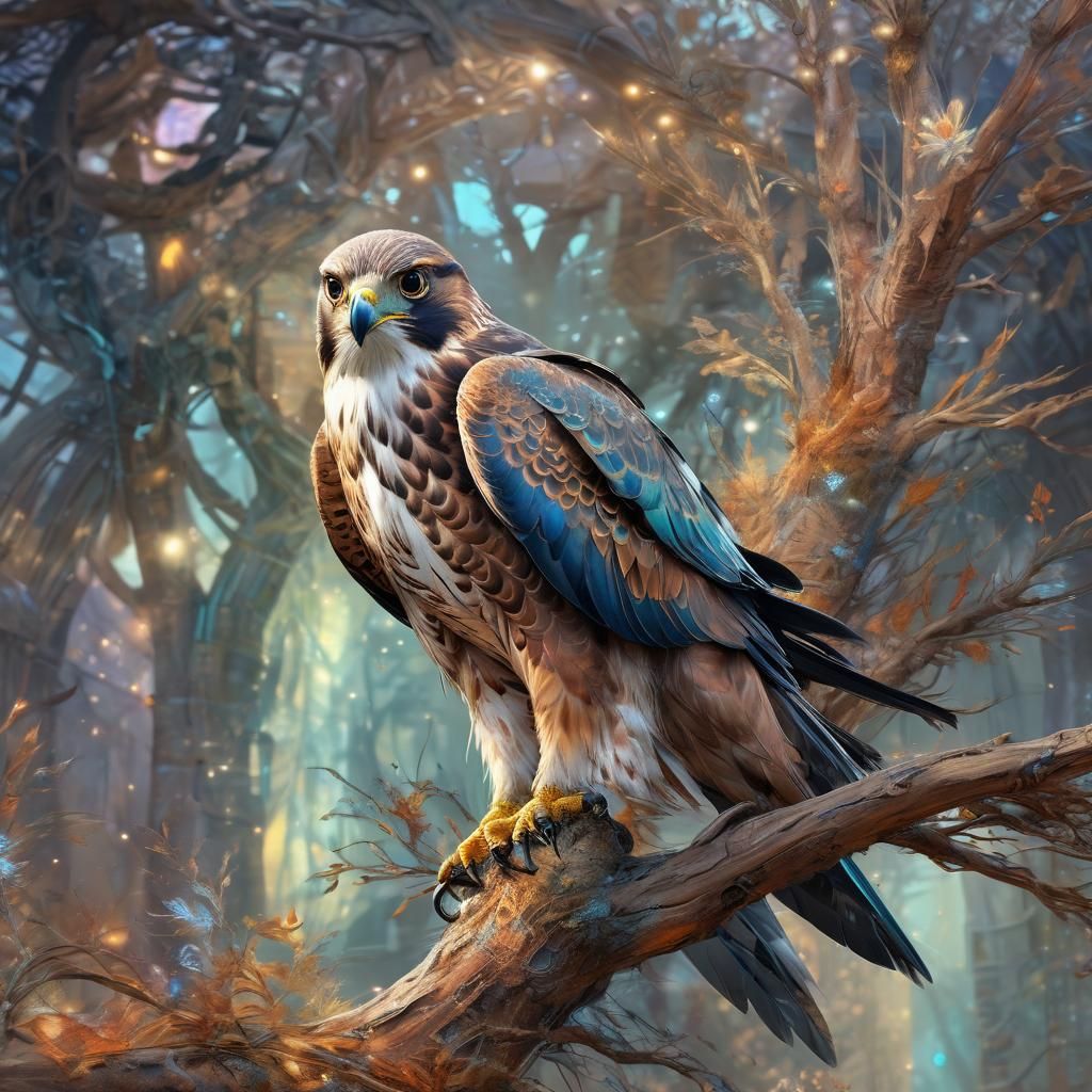Kaleidoscopic Falcon on Mystical Branch: A Digital Painting