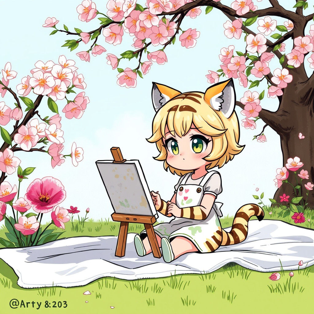 Chibi Tiger Girl Painting in Cherry Blossom Park