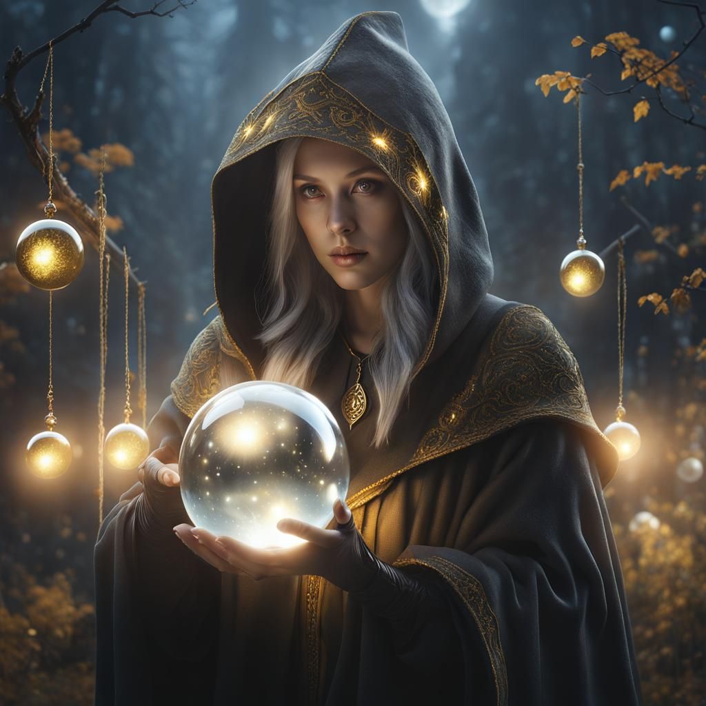 Grey and Gold Witch with Glowing Sphere: Fantasy Art