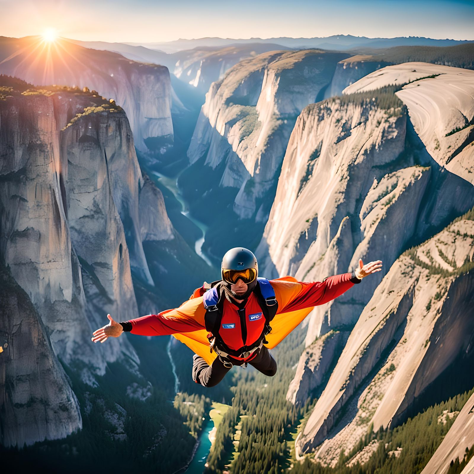 Base jumping from Yosemite in a wing suit Cinematic film still, shot on v-raptor XL, film grain, vignette, color graded,...