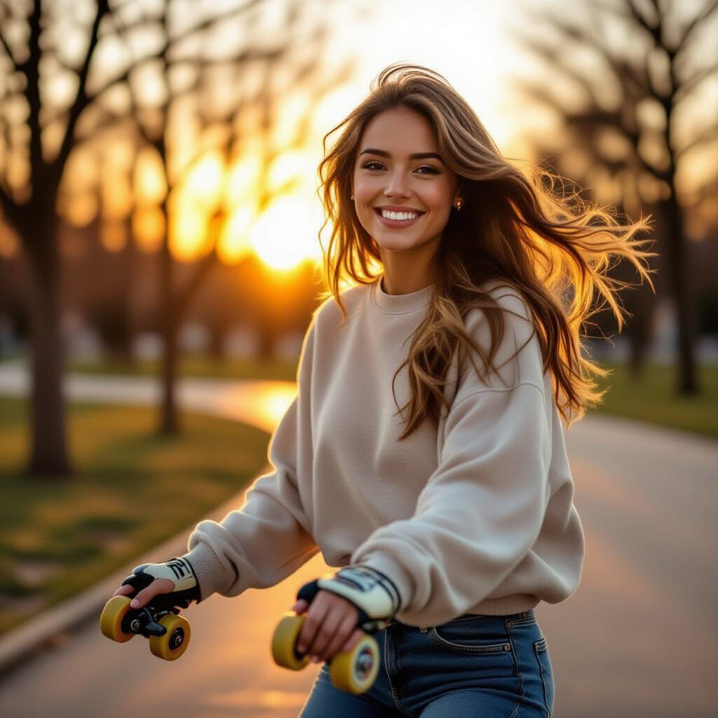 Woman Rollerblading in Park at Sunset
