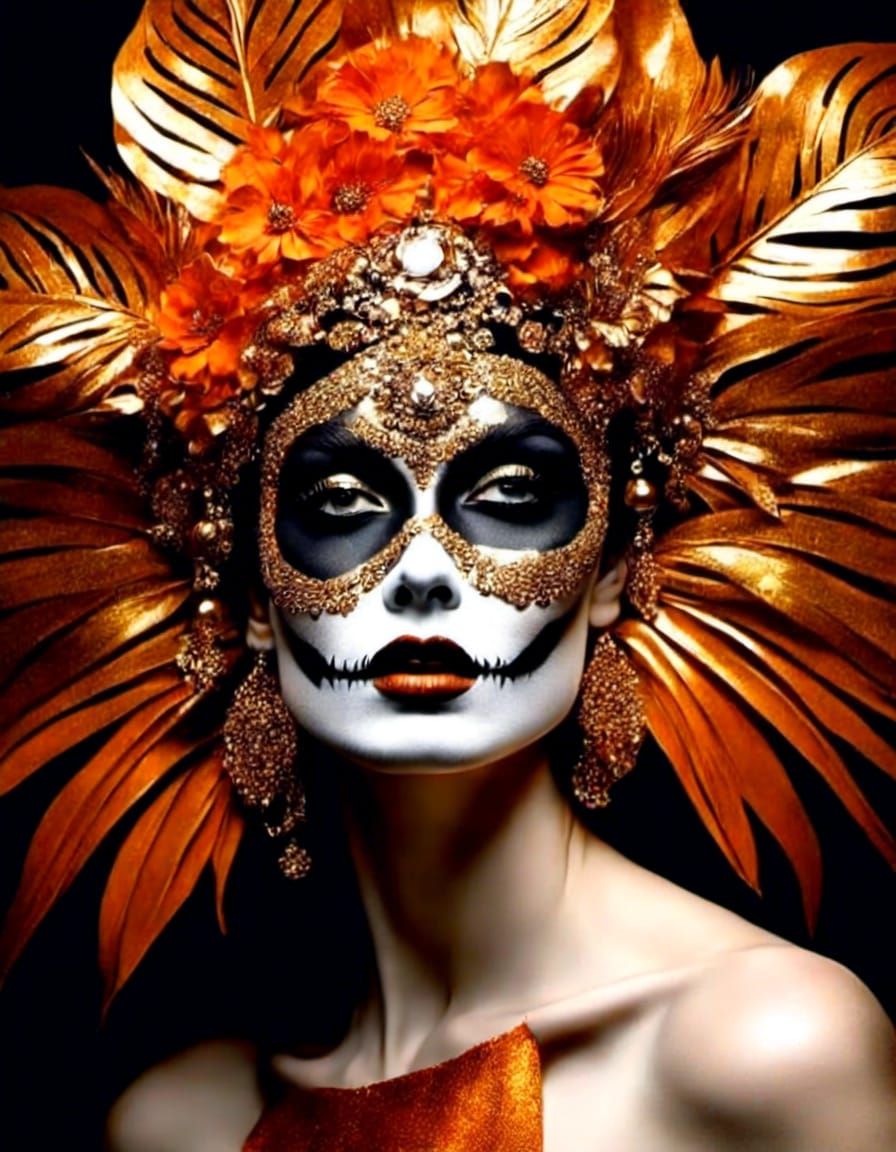 Psychedelic Dia de los Muertos Woman with Gilded Foliage