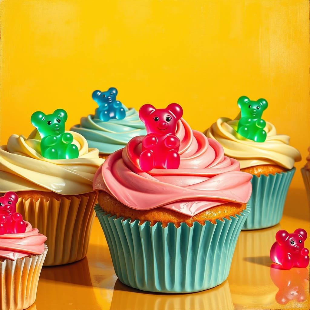 Vibrant Caramel Cupcakes in Whimsical Bakery Style