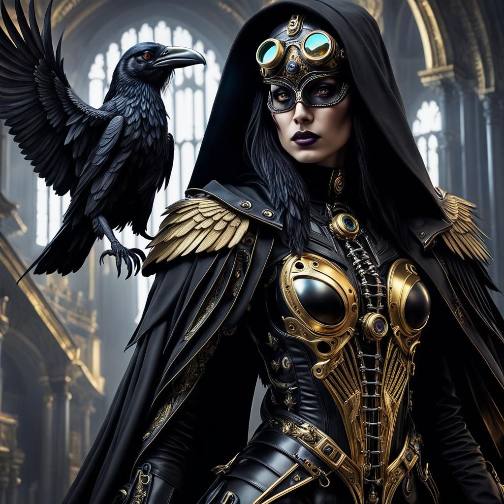 Cyberpunk Raven Plague Doctor in Gothic Gold