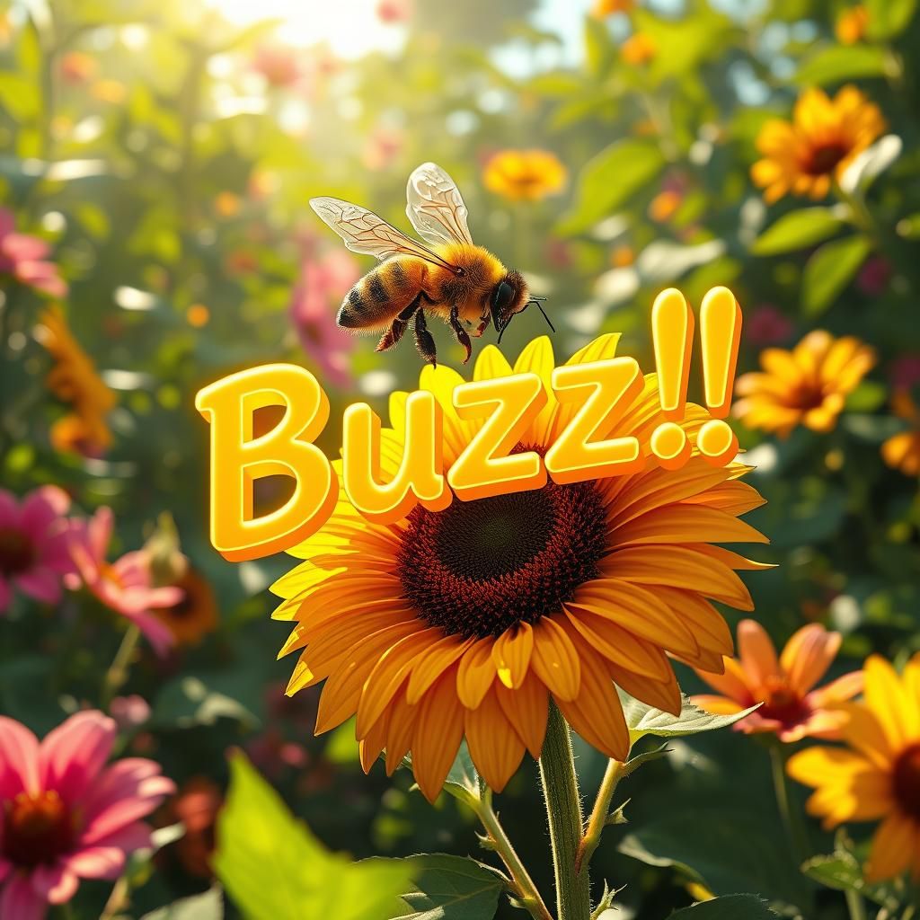Bee and Sunflower with Glowing Text in Garden