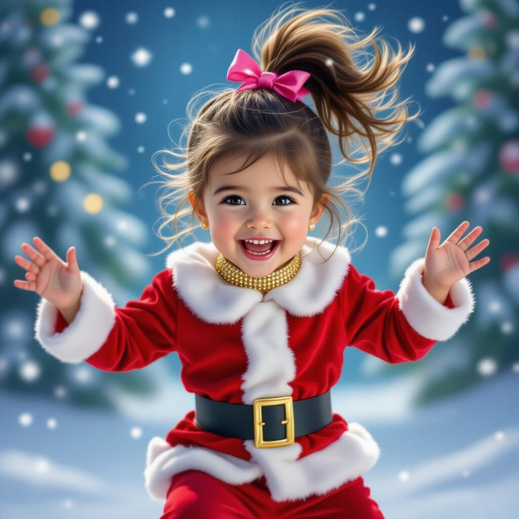 Child in Santa Outfit Dancing Joyfully in Christmas Scene