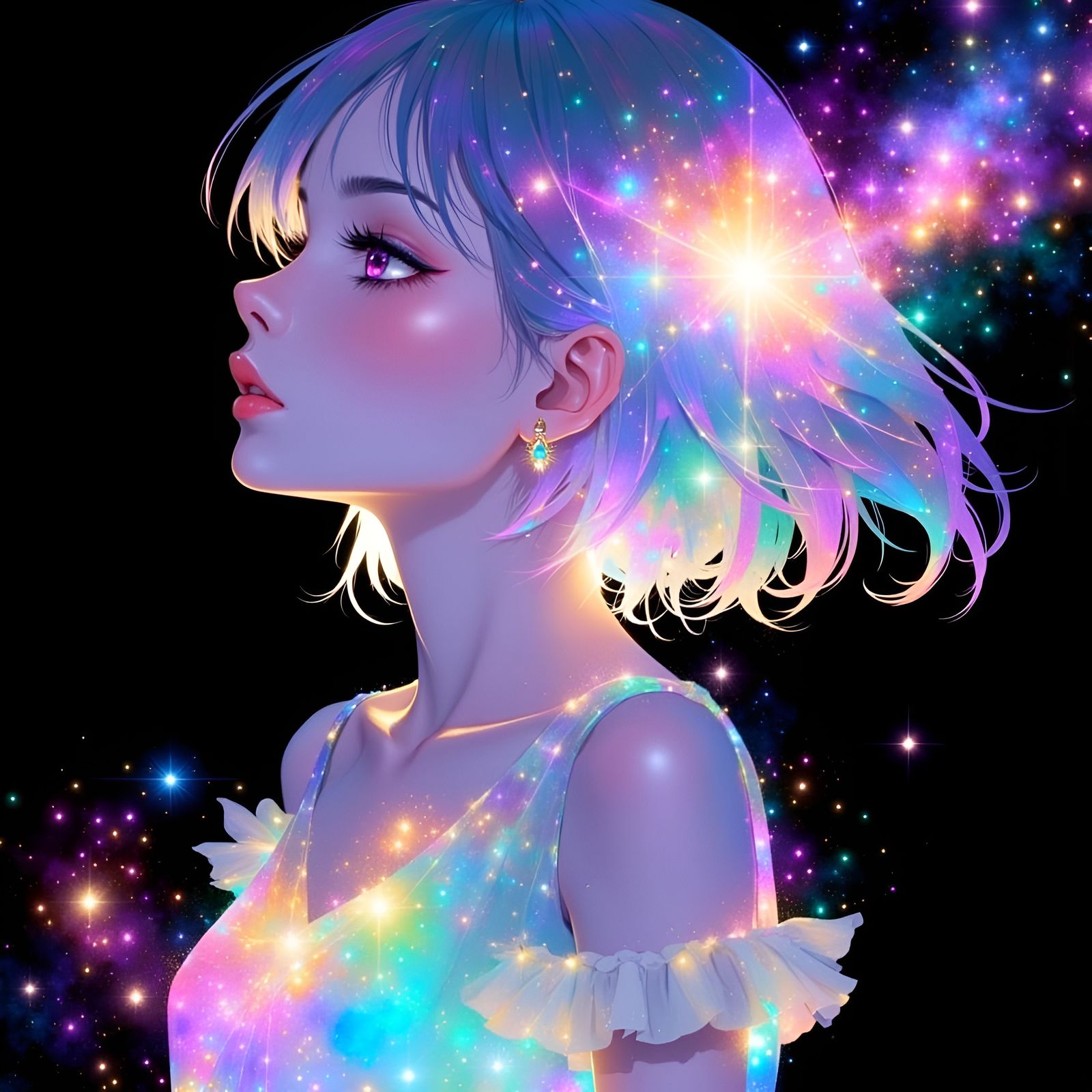 Cute Anime Girl Silhouette in Nebula Galaxy