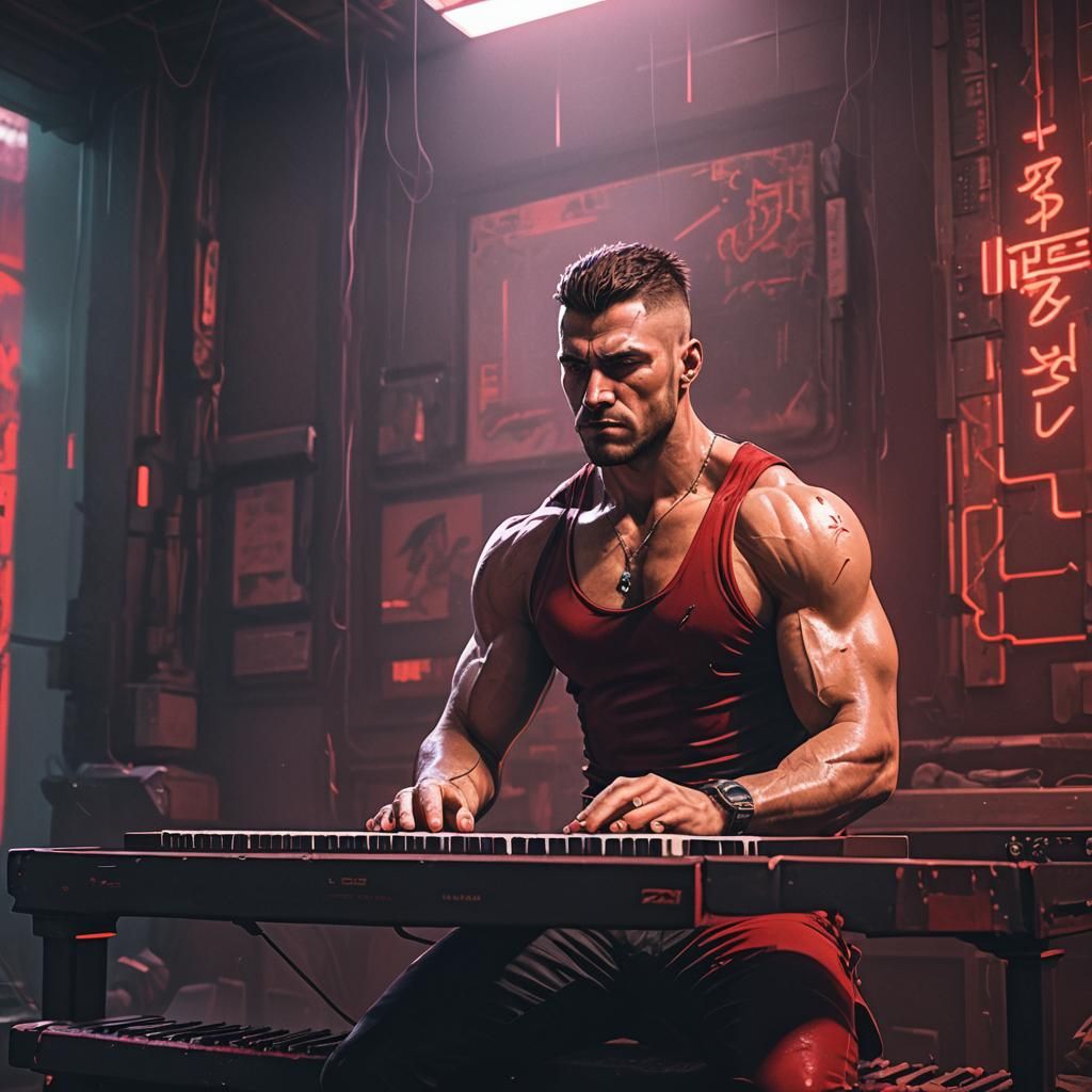 Cyberpunk Boxer Plays Piano in Neon City