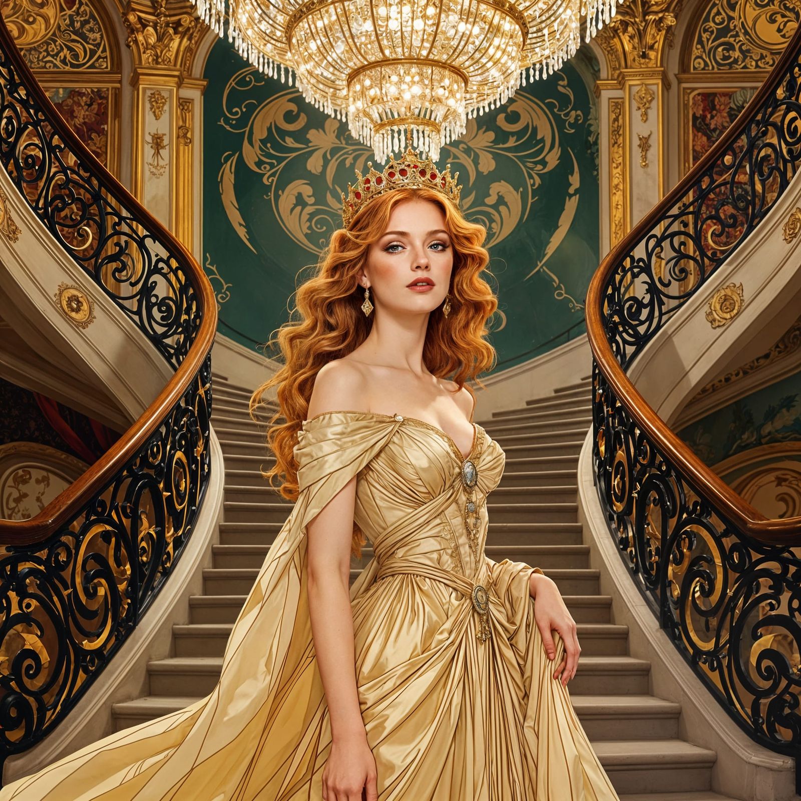 Crowned Blonde on Staircase with Chandelier