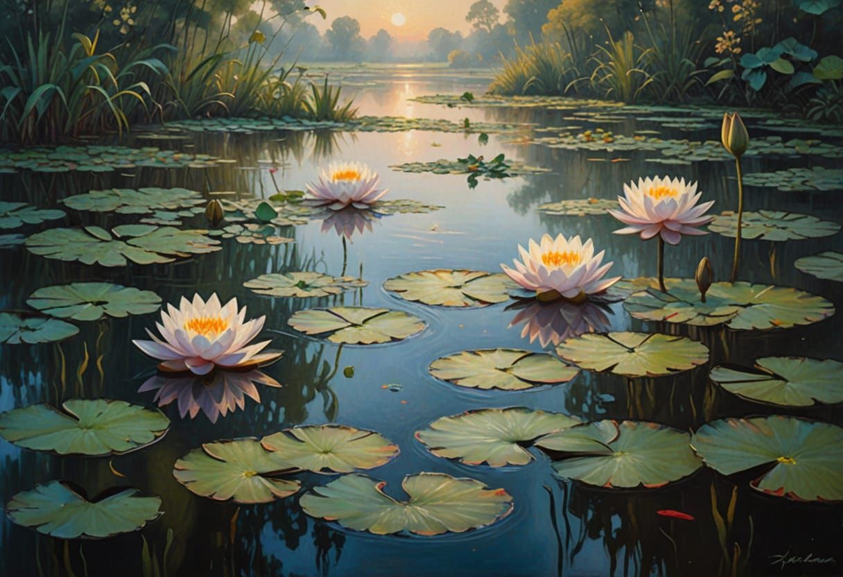 Idyllic Water Lily Pond in Baroque Oil Painting