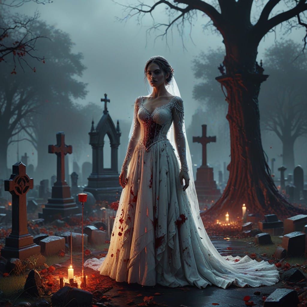 Zombie Bride in Foggy Graveyard by Greg Rutkowski Style