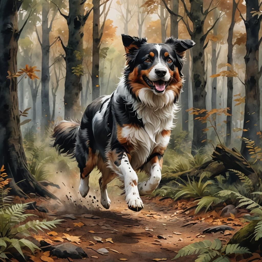 Australian Shepherd Running in Forest Watercolor Painting