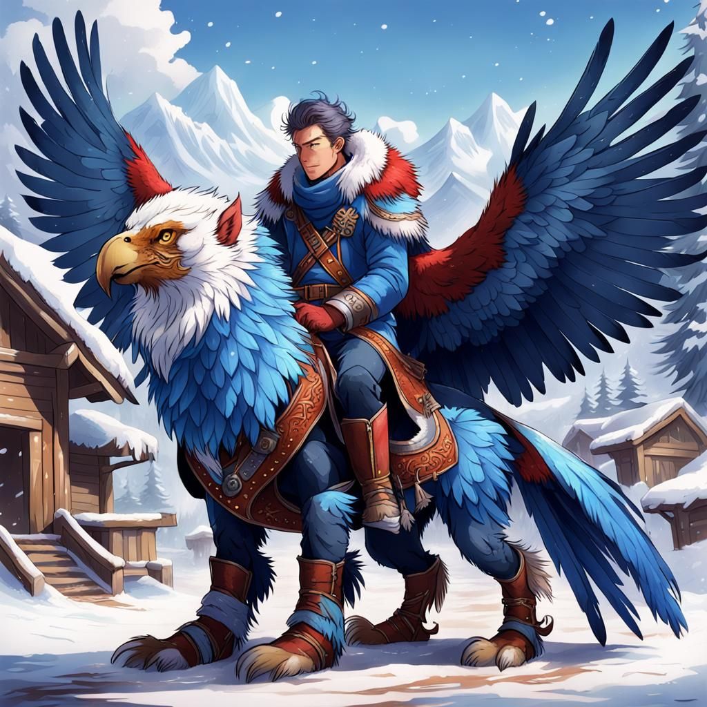 Red and Blue Griffin with Human Rider in Winter