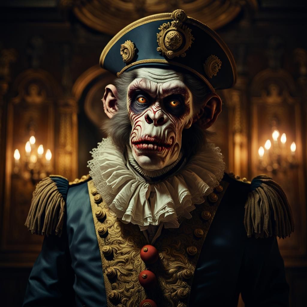 Zombie Monkey Clown in Baroque Chamber, Digital Art