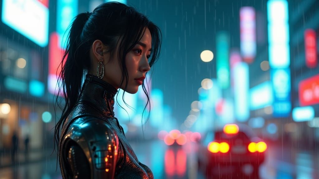 Asian Cyborg Woman in Neon Cityscape