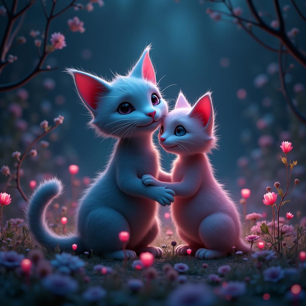 Magical Cat and Girl in Glowing Flora