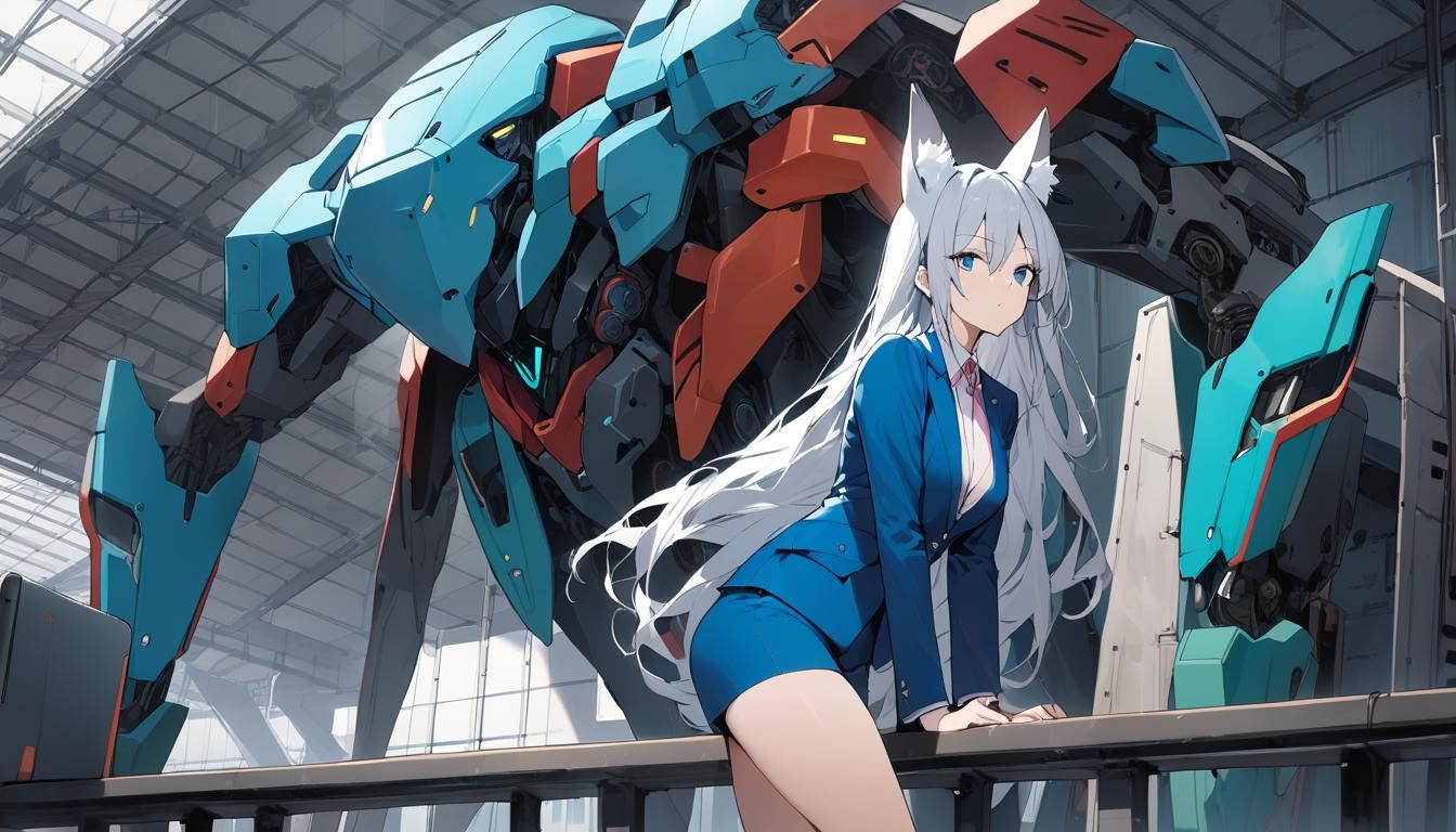 Girl with Fox Ears in Hangar with Robot