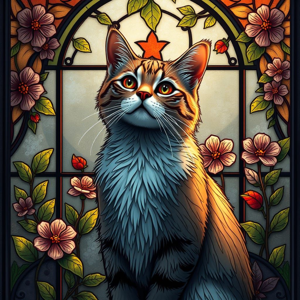 Majestic Cat in Whimsical Stained Glass Window