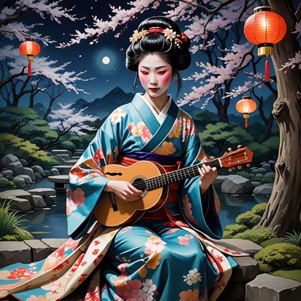 Impressionist Geisha Plays Mandolin in Serene Japanese Garde...