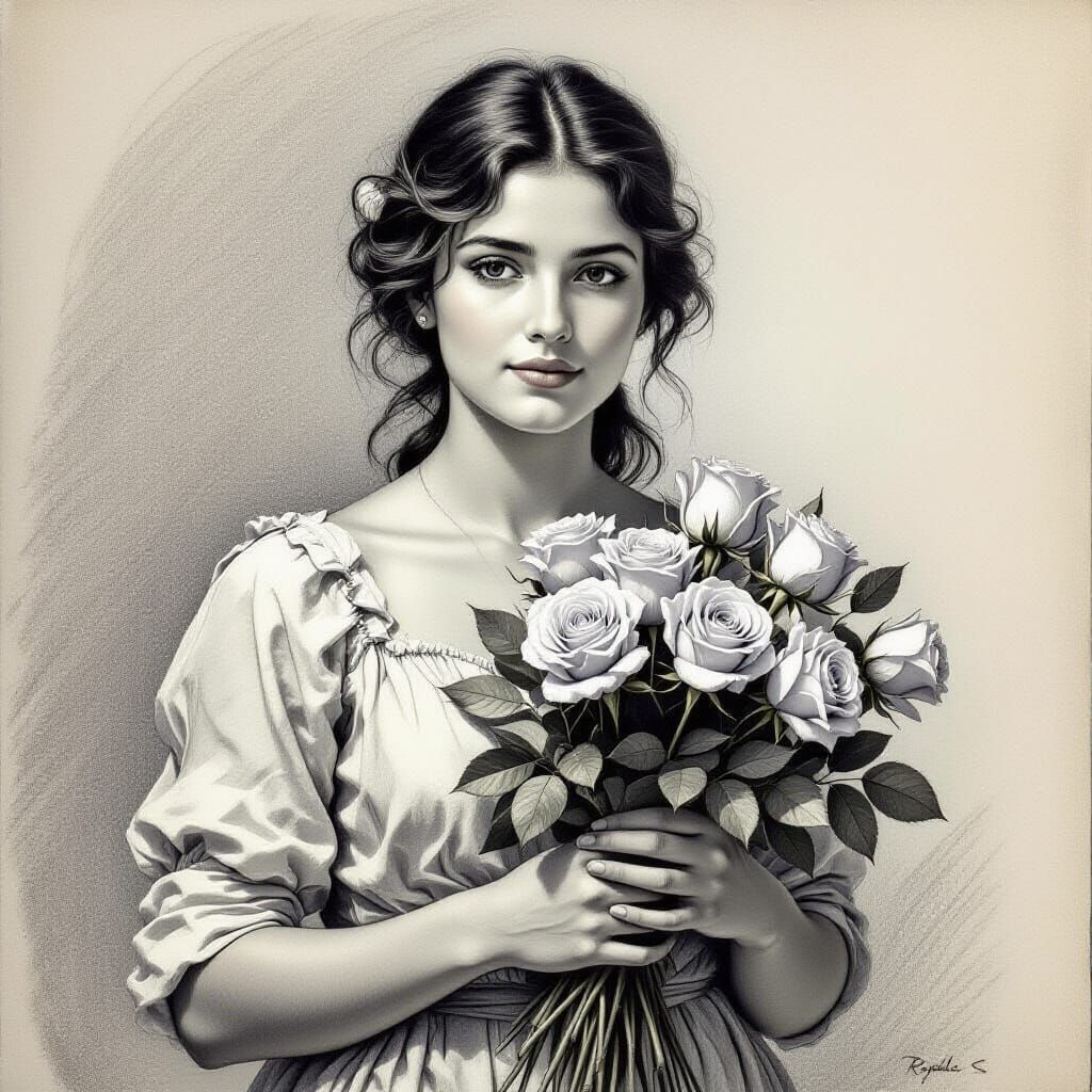 Silverpoint Drawing: Woman with Roses in Renaissance Style