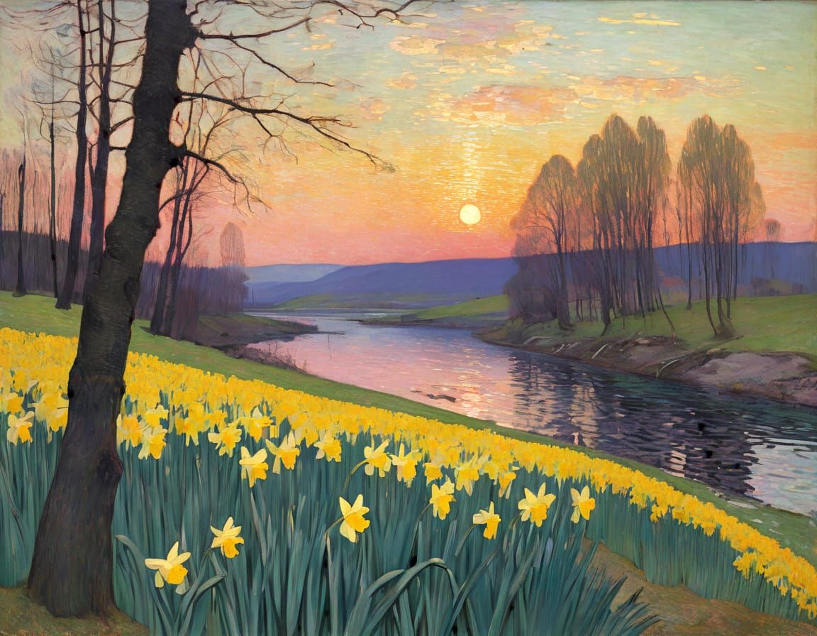 Daffodils at Sunset in Early Modern Style