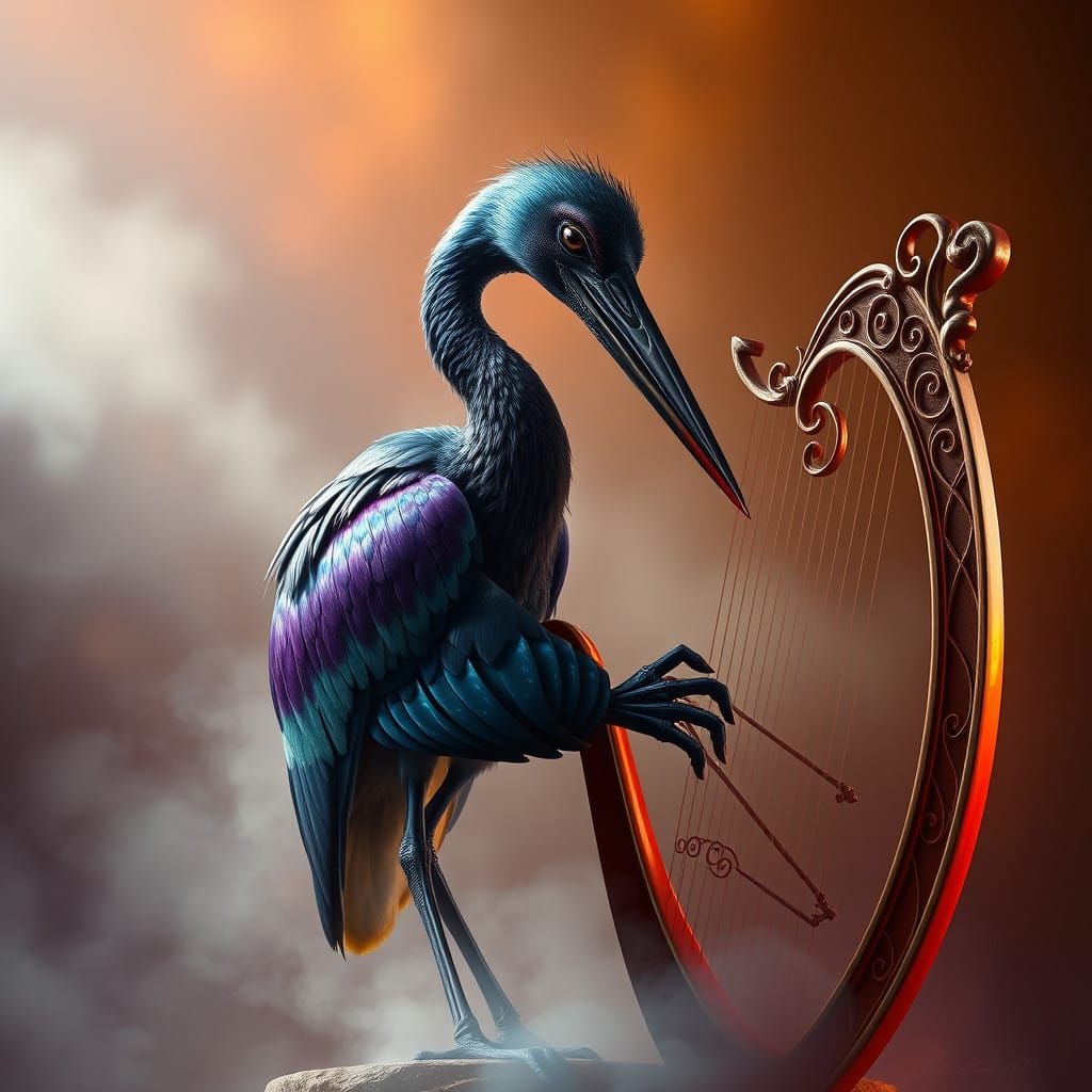 Ethereal Duck-Billed Stork Plays Harp in Mystical Atmosphere