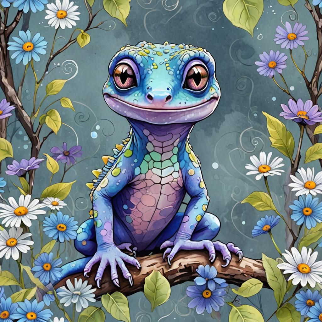 Whimsical Blue Gecko in Magical Forest