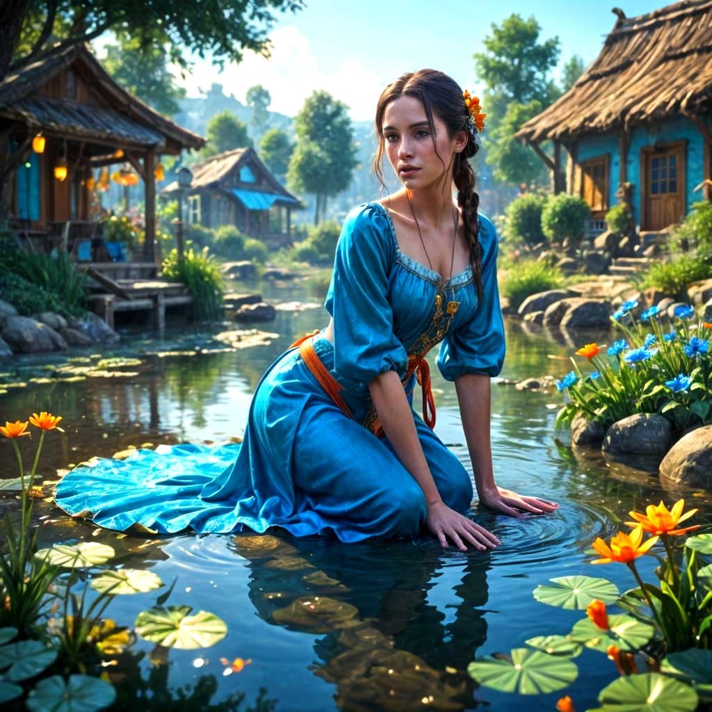 Elegant Village Woman Posing by the Pond in Triadic Colors