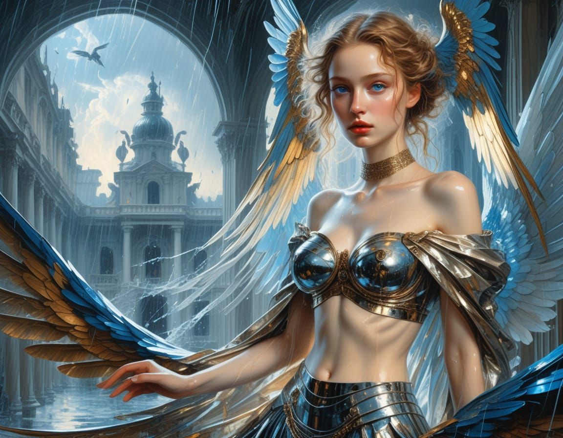 Ethereal Winged Figure in Cyberpunk Attire