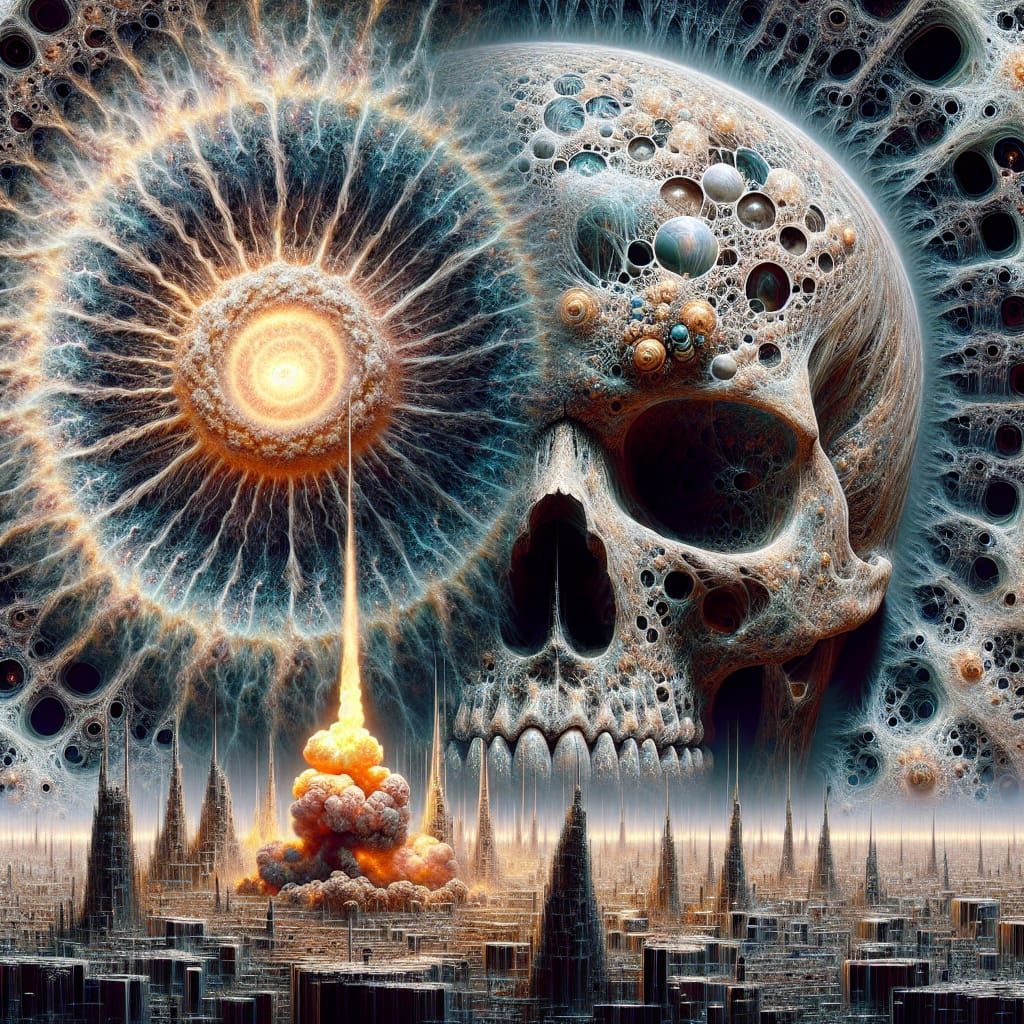 Apocalyptic Skull with Cityscape and Nuclear Explosion