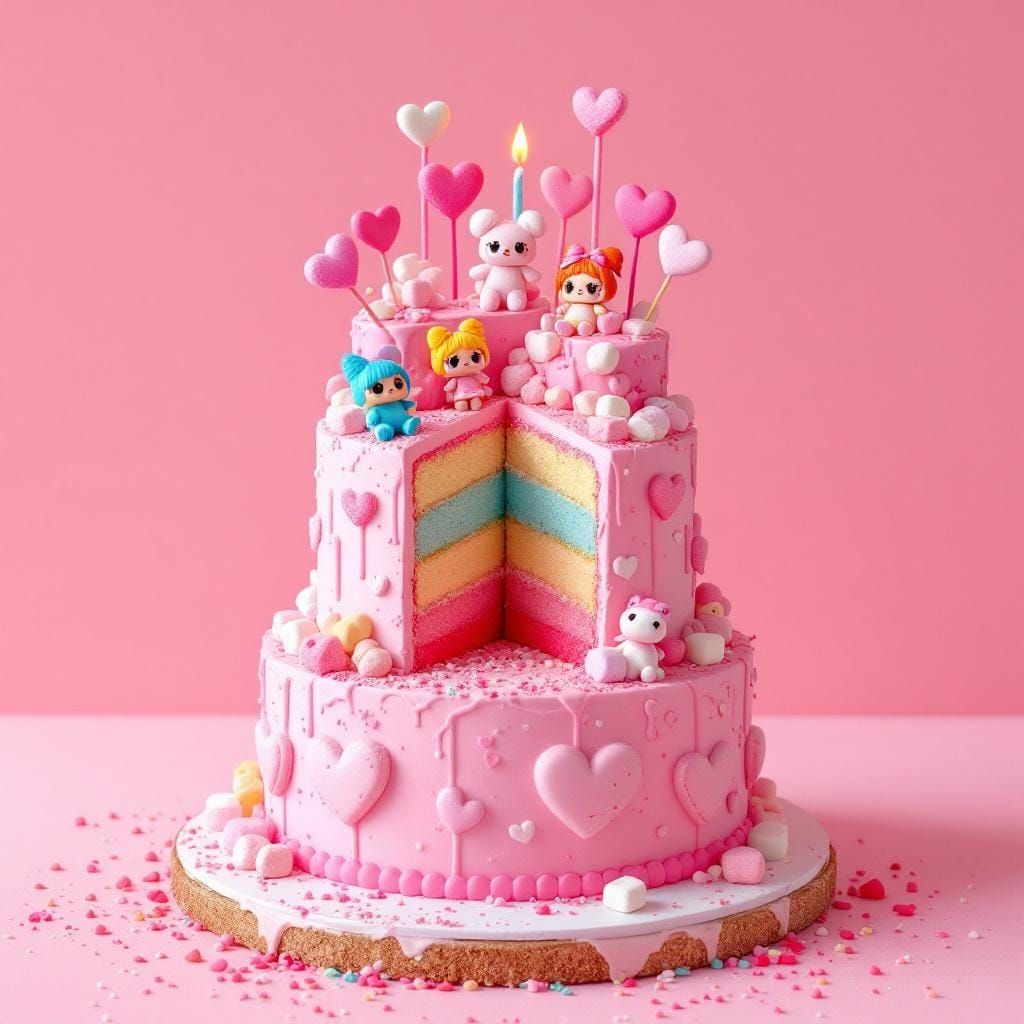 Pink Birthday Cake with Hearts and Lol Dolls as Pop Art