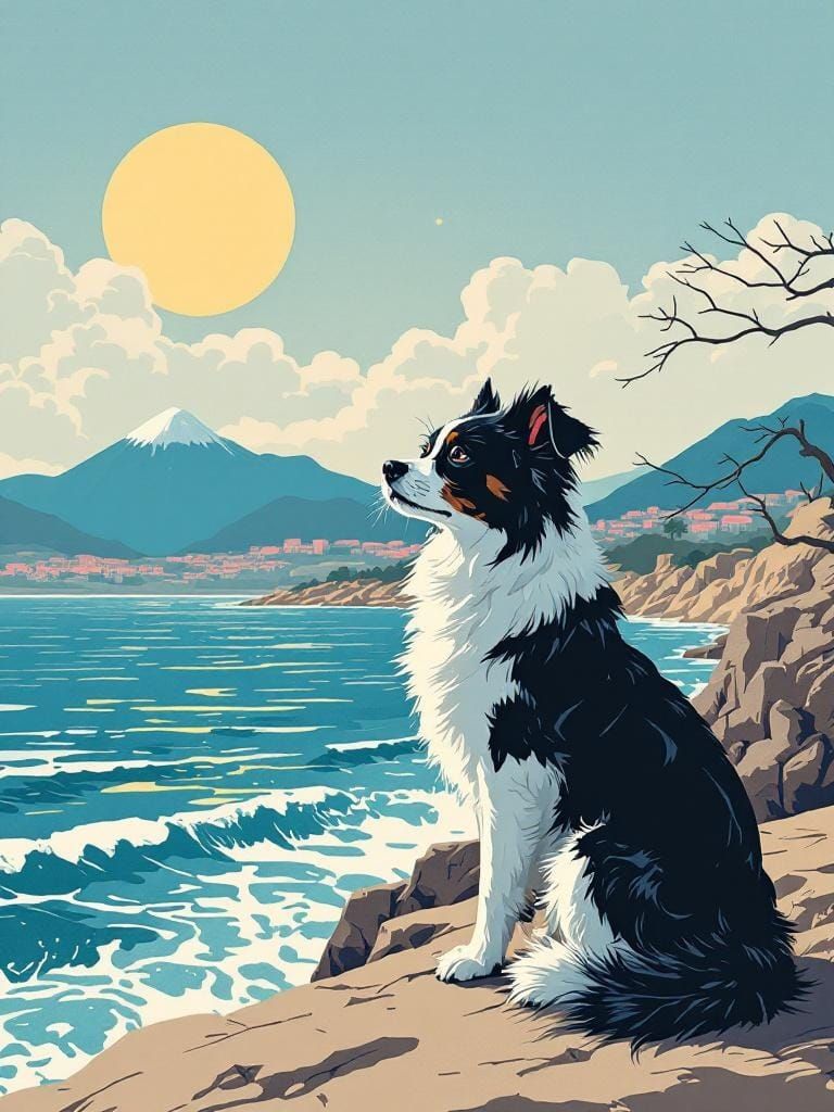 Dog in Sun: Ukiyo-e Geometric Style
