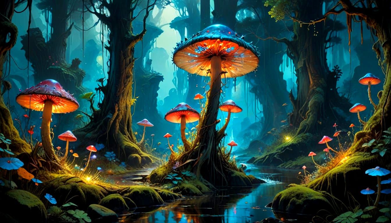 Dreamlike Landscape with Bioluminescent Mushrooms and Waterf...