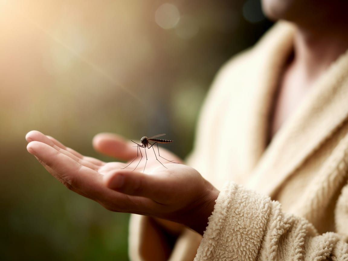 Mosquito Relaxing in Hand, Man in Bathrobe, Macro Zoom