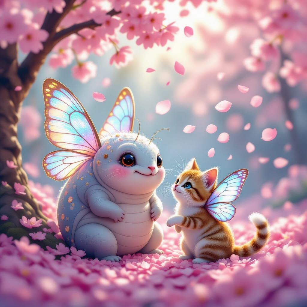 Tardigrade and Cat Pixie Friendship Among Cherry Blossoms