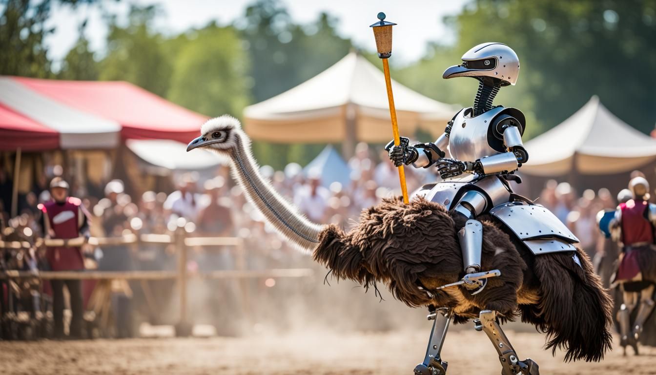 Robot riding an Ostrich in a Jousting Competition at the renaissance festival