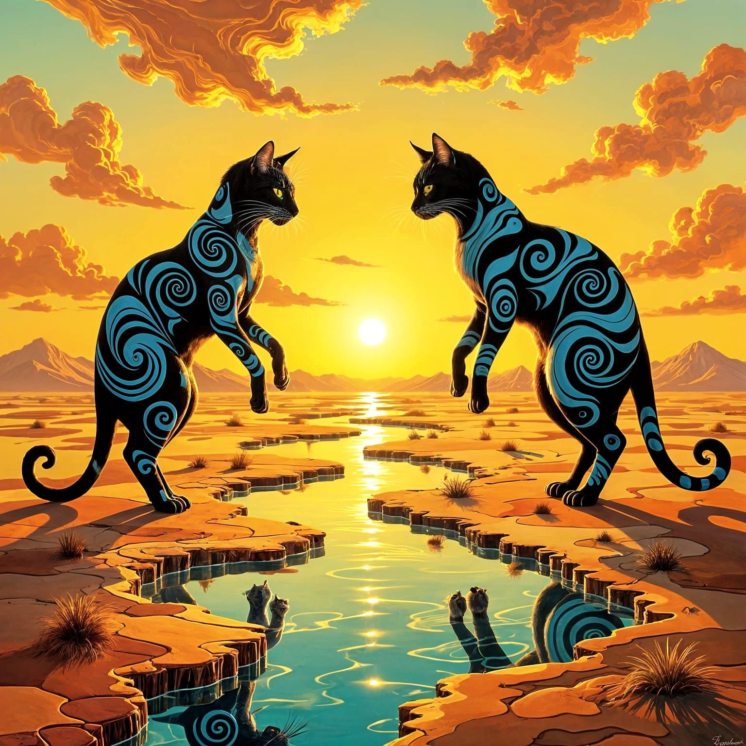 Surreal Cats Float Above Melting Landscape